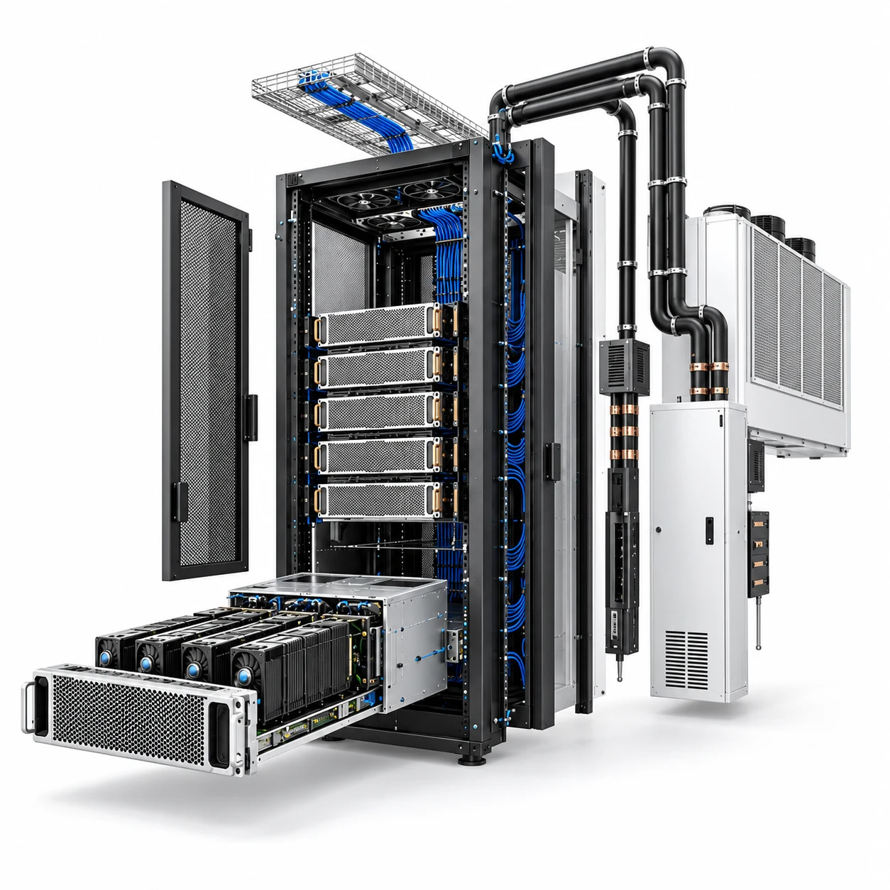 Illustration of a GPU server extending from a rack, with the cooling, power and network infrastructure around it.