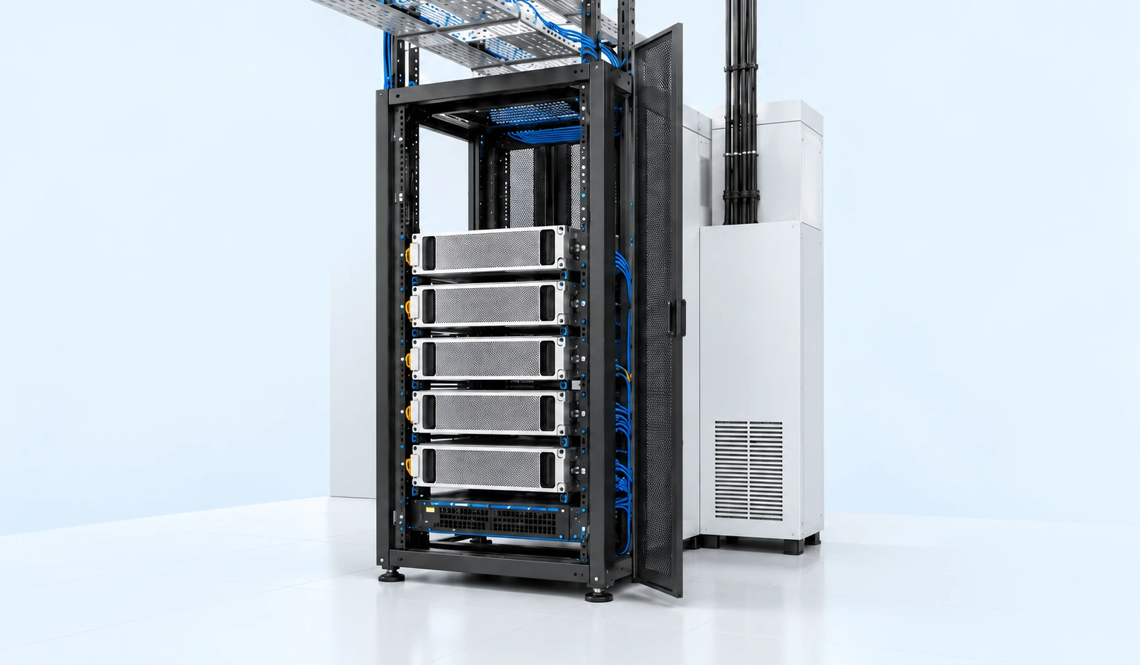 Illustration of a GPU server rack alongside power, cooling and network equipment.