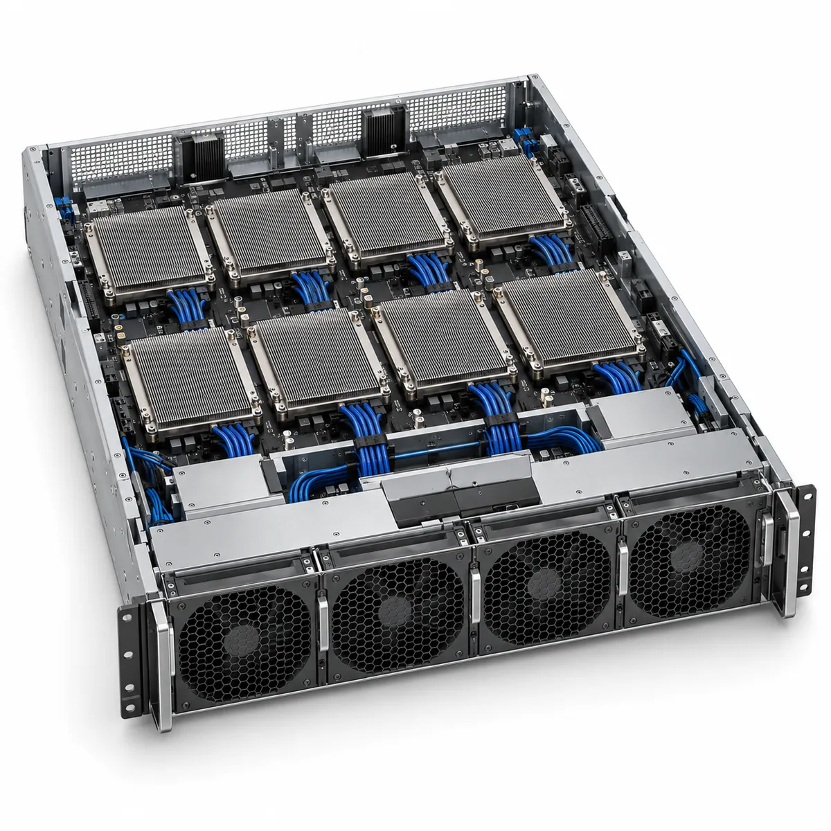 Illustration of a 8-gpu oam platform, 1.5 tb of gpu memory with its lid removed.