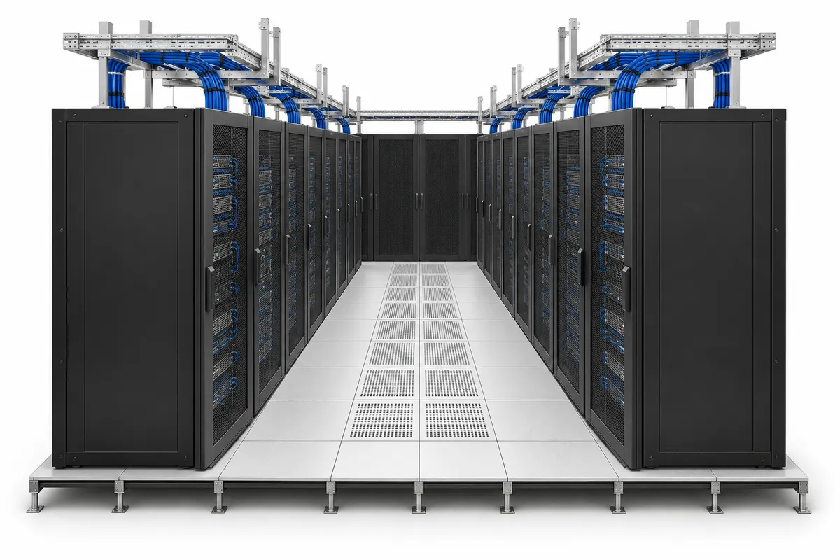 Illustration of a data hall aisle with rows of racks and overhead cable trays.