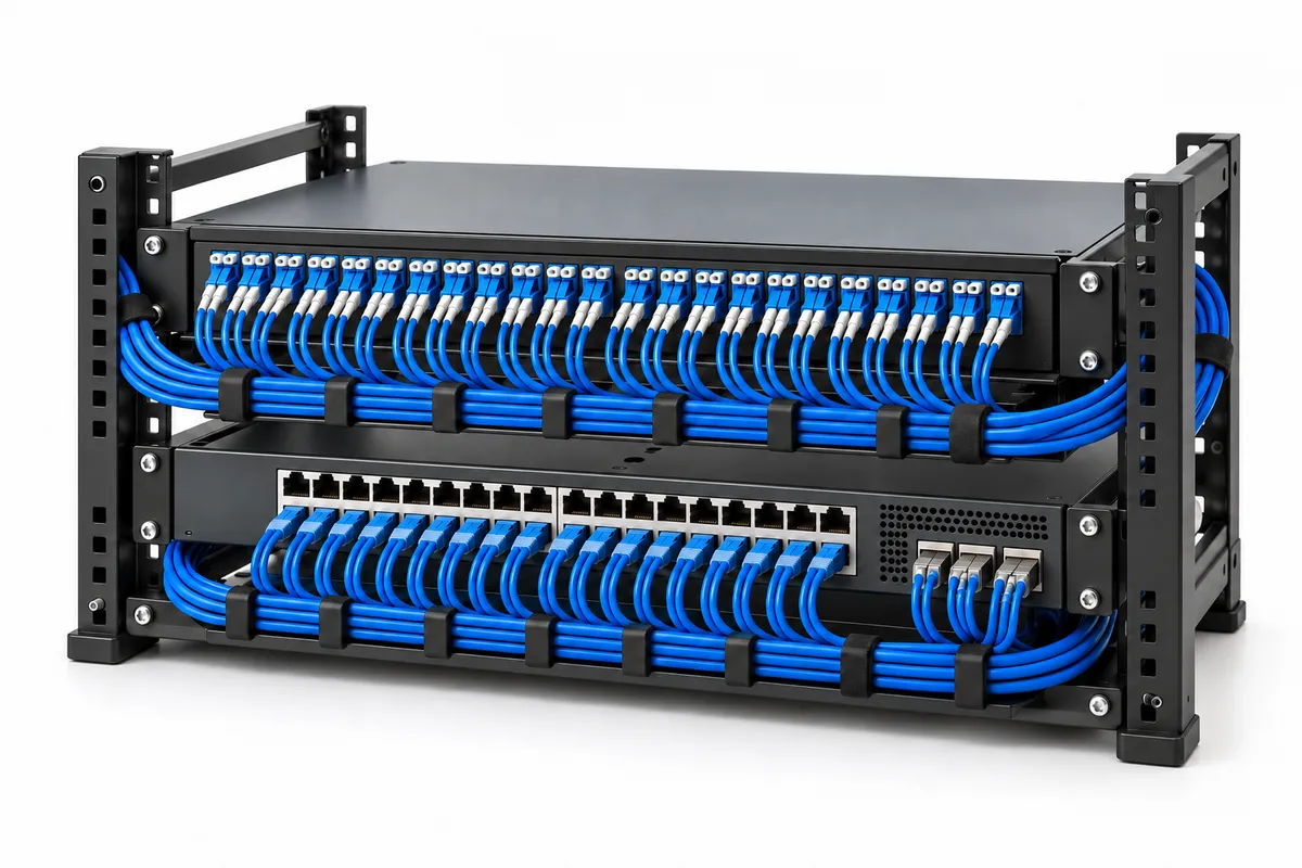 A fibre patch panel and switch with blue cables.