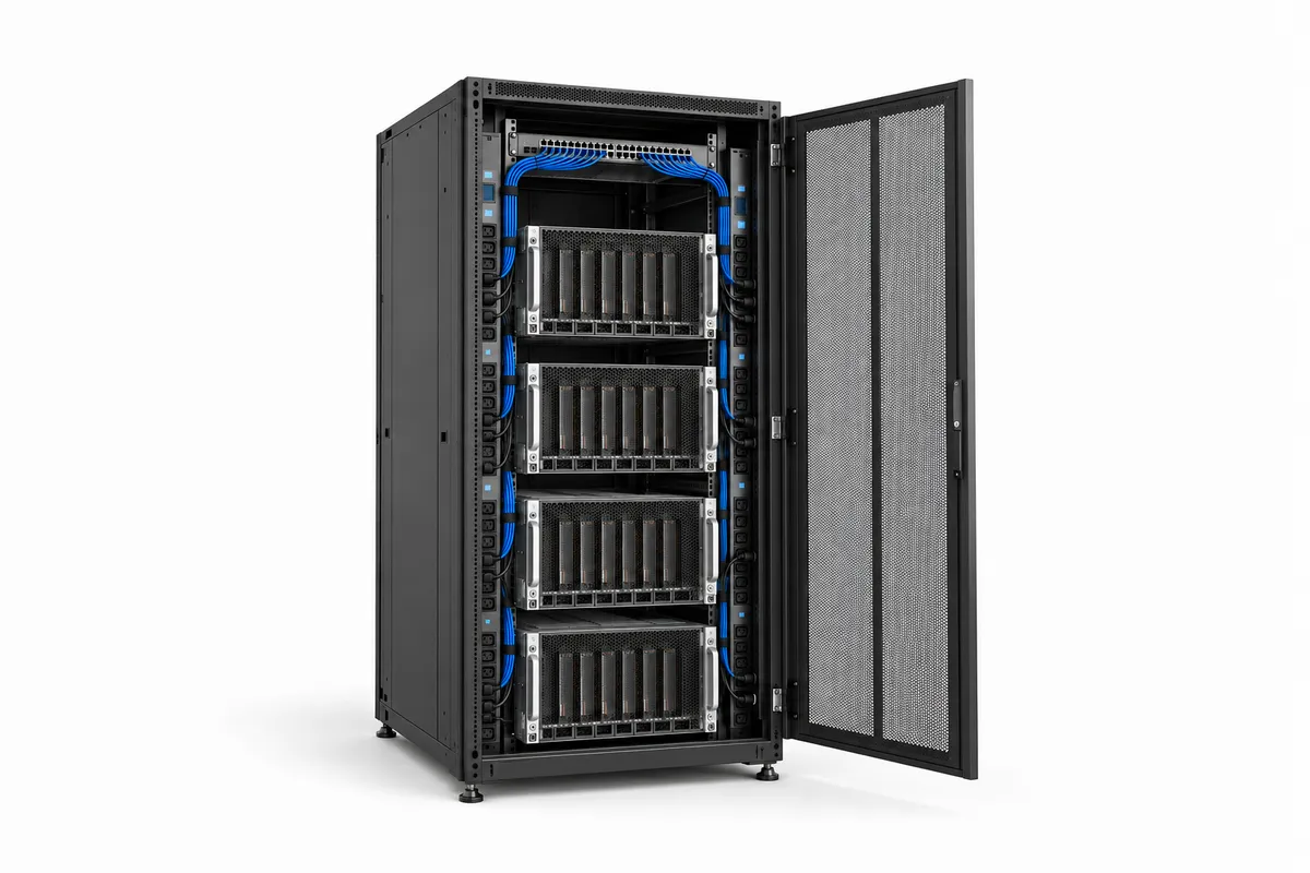 A rack of GPU servers with a network switch.