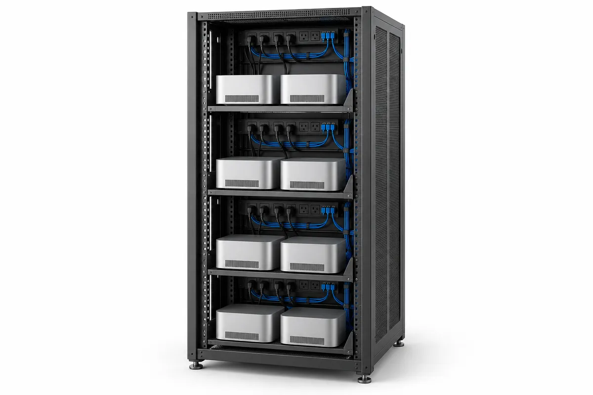 Compact desktop computers on rack shelves.
