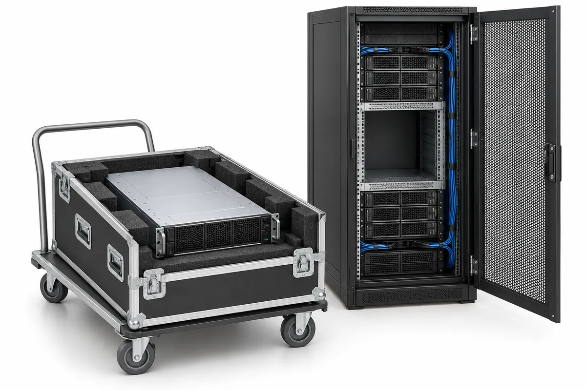 A server in a shipping crate beside an open rack.