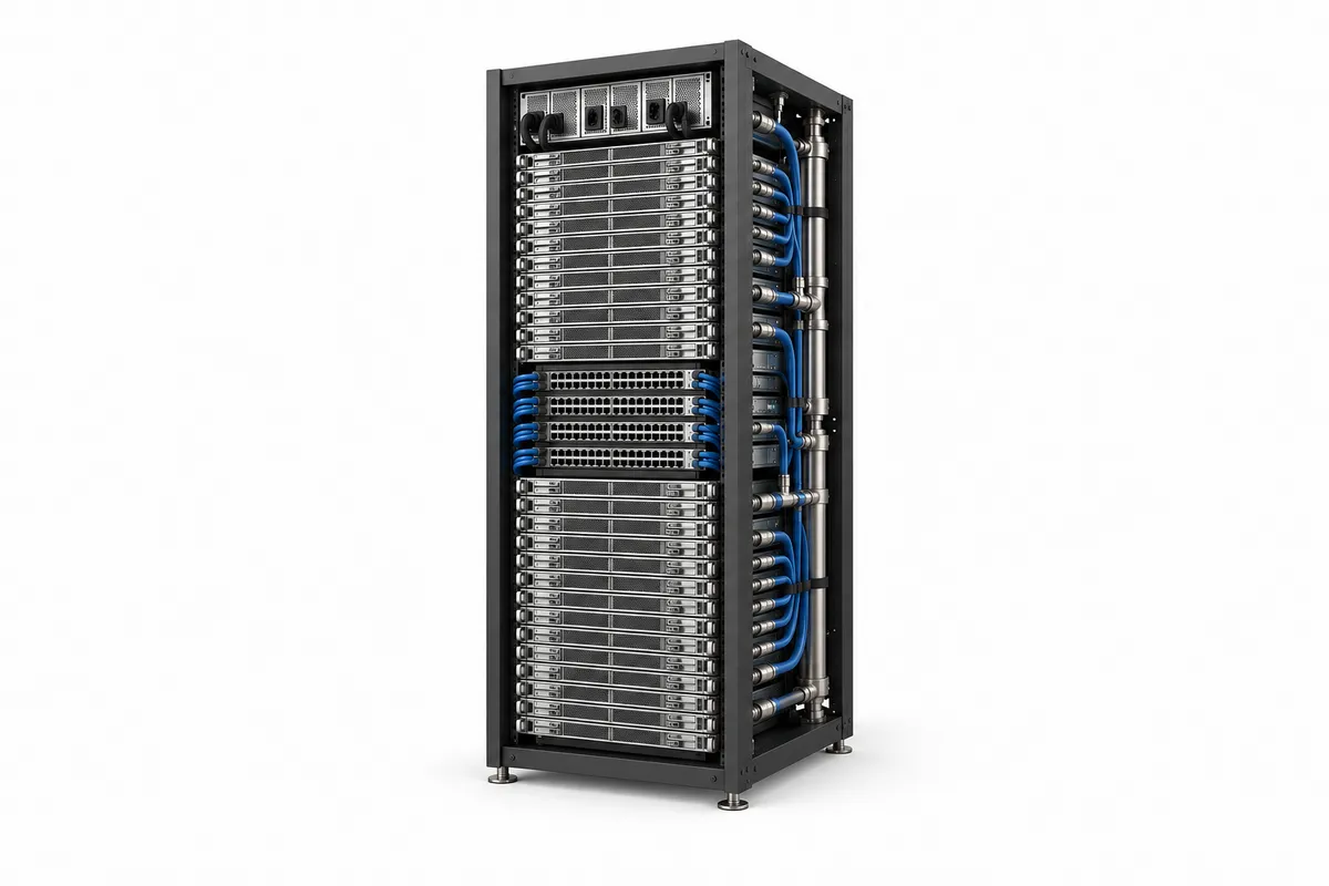 A dense liquid-cooled AI rack with compute trays, switch trays and coolant manifolds.