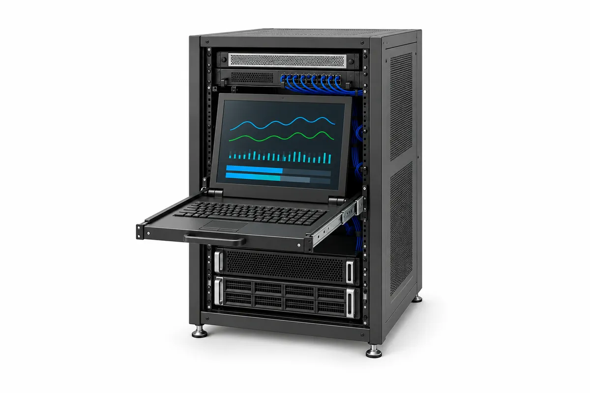 A rack console drawer showing monitoring graphs.