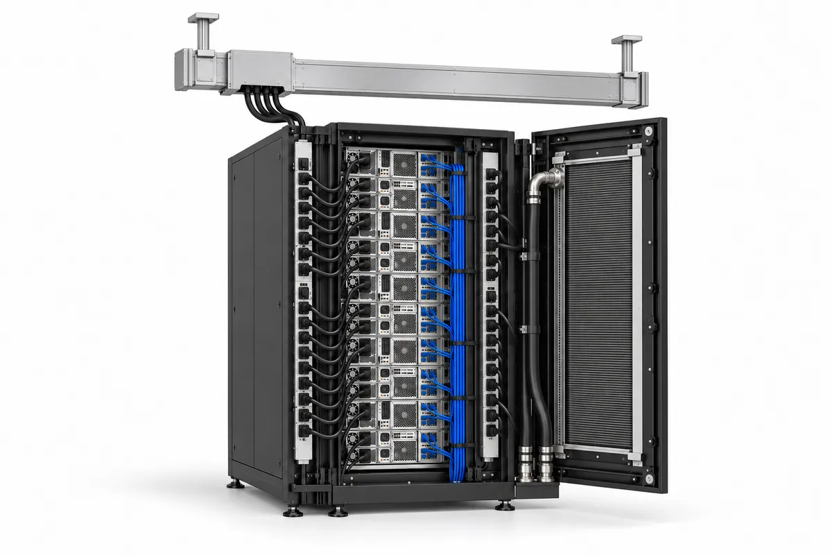 Rack power distribution and a rear-door heat exchanger.