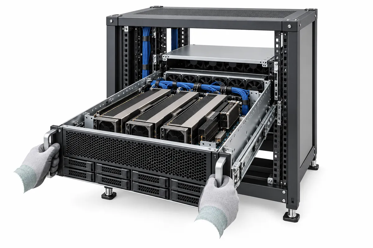 Illustration of gloved hands sliding a GPU server out of a rack on its rails.