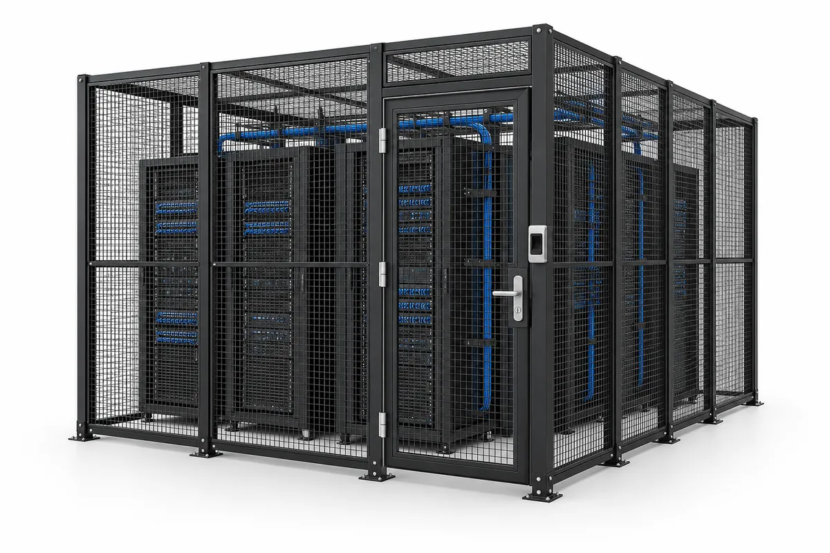 A locked mesh colocation cage with a biometric reader.