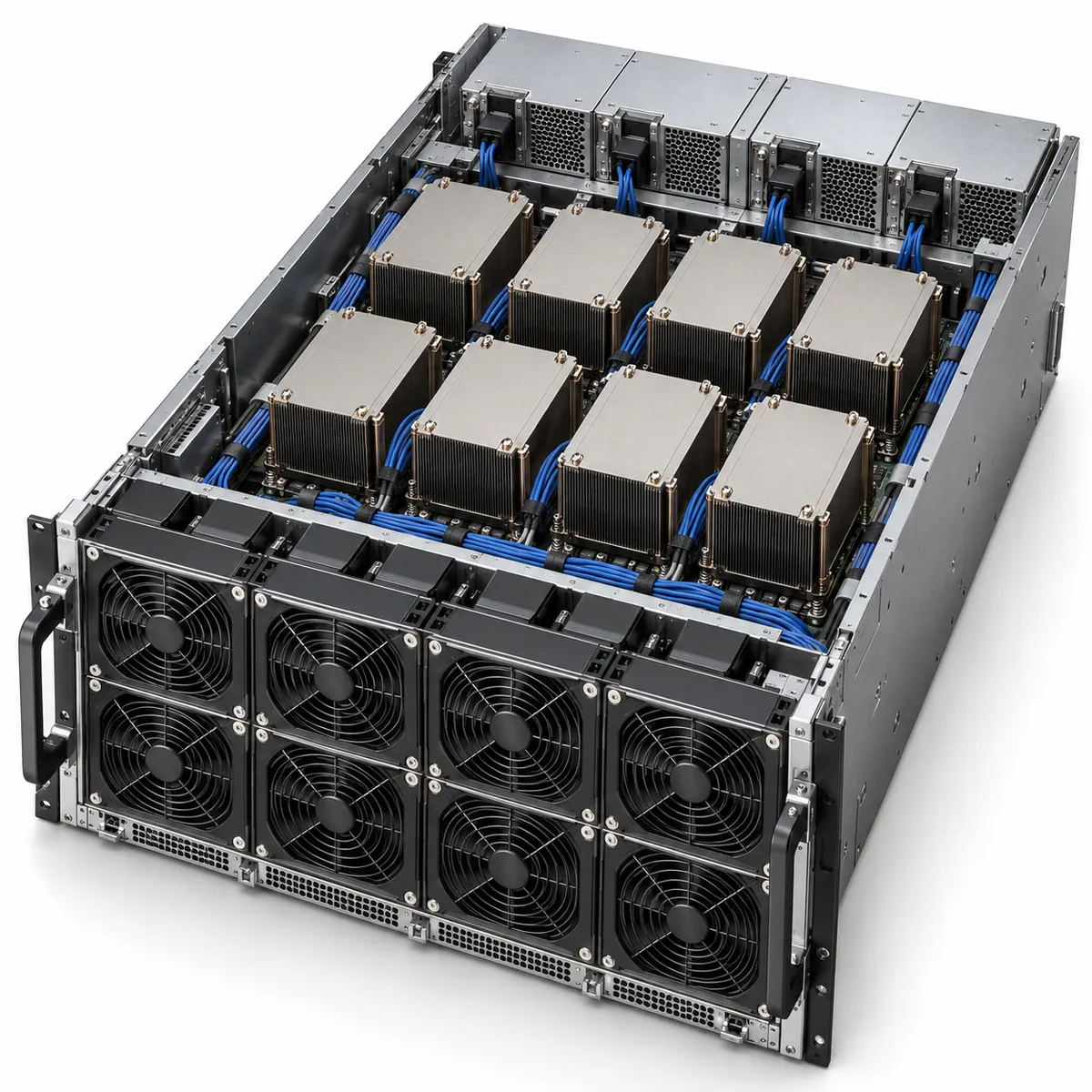An 8-GPU server with its lid removed.