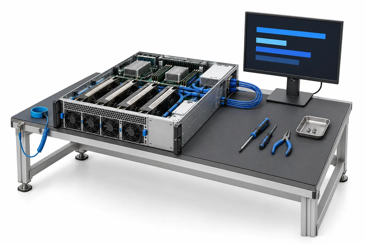 A GPU server on a test bench with diagnostic cables attached.